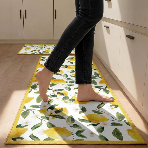 White 2 Pcs Lemon Kitchen Mats Lemon Kitchen Rugs for Floor Washable Soft Non Slip Carpet for Bathroom Sink Laundry Decor, 17" x 30" + 17" x 47"