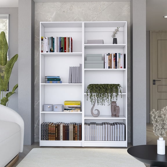 White 2Piece Bookcase Storage Set with Nine Shelves, Particle Board Modern Open Organizer for Living Room Office Home