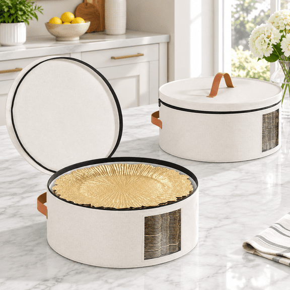 White 2-Piece Hard Shell Felt Dinnerware Storage Chests with Dividers