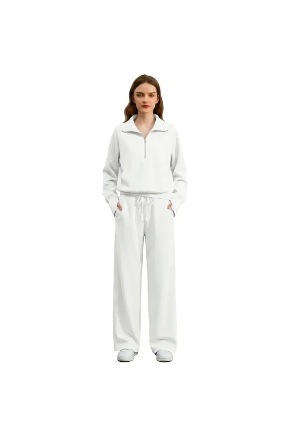 White 2-Piece Tracksuit Set: Half-Zip Pullover & Wide Leg Pants