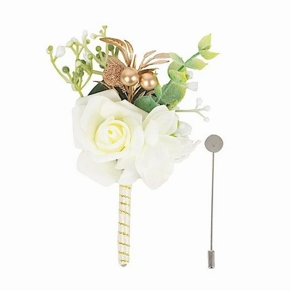 White 2 Silk Rose 5" Boutonnieres With Pin Artificial Flowers Wedding Party Home