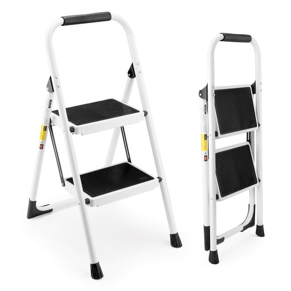 White 2 Step Folding Steel Step Ladder with Sponge Safety Handrail, Wide Anti-Slip Rubber Pedals, Auto Safety Lock, 330 LBS Portable Step Stool for Kitchen, Home, Office, Garage & Bathroom