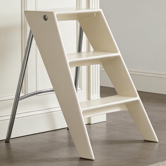 White 2-Step Folding Step Stool with Metal Legs, Engineering Plastic Steps