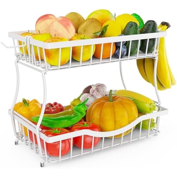 White 2 Tier Large Fruit Basket for Kitchen Counter with 2 Banana Hangers, Metal Fruit Bowl for Onion Vegetable Bread Snack, Countertop Organizer – 14.5" W x 9.5" D