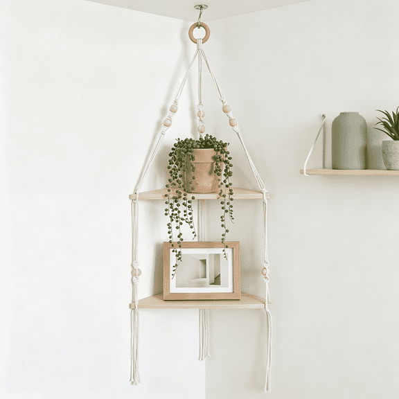 White 2 Tier Wood Corner Floating Shelves, Hand Woven Cotton Rope Rustic Boho Wall Shelf Decor, Storage Rack for Plants Pots Photo Frames (White)