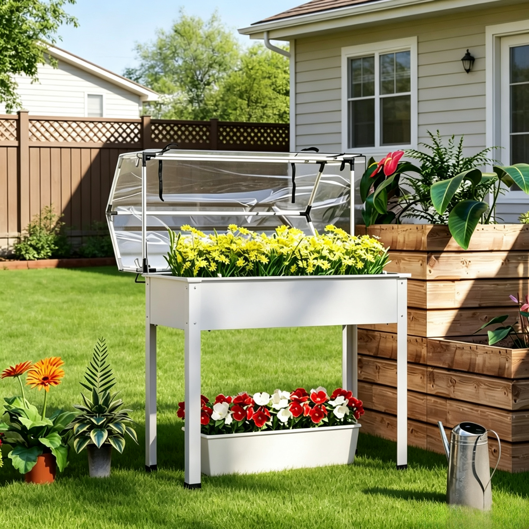 White 2-in-1 Raised Planter Box with Greenhouse Cover, Elevated Garden Bed with Flip-Up Door, Metal Steel Frame, Drainage Hole, 110 Lbs Capacity for Outdoor Plants Vegetables Herbs