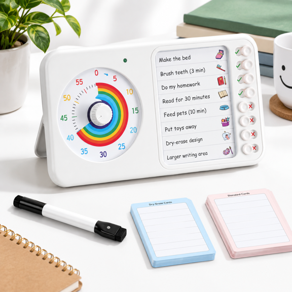 White 2-in-1 Visual Timer with Task and To-do List Checklist Organizer