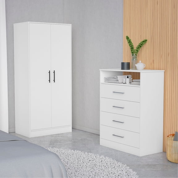 White 2-piece Wood Bedroom Solution - Hanging Rod and Lower Drawer - Bedroom Organization - Keep Clothing in Order