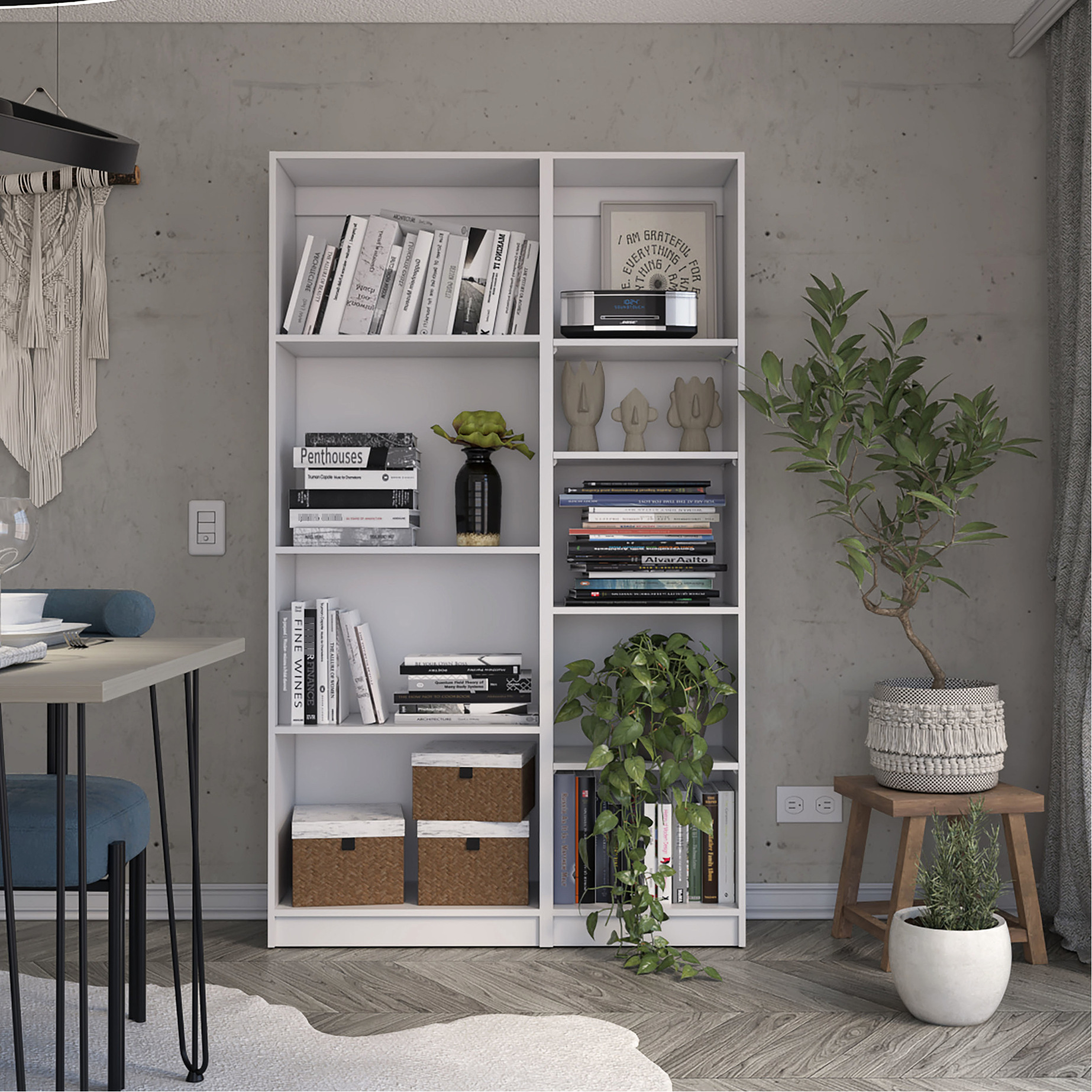 White 2-piece bookcase, 9 shelves and 42" width - durable particle