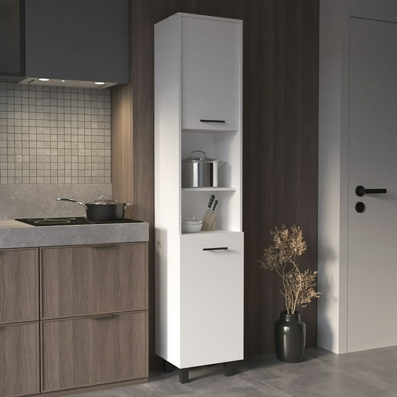 White 2-shelf Pantry Cabinet, - 5 Shelves For Kitchen Essentials Storage, Elegant Design Efficient Organization, Metal Handles