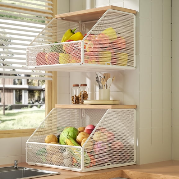 White 2 x Extra Large Metal Wire Wood Lid Stackable Wall Mounted Kitchen Storage Basket