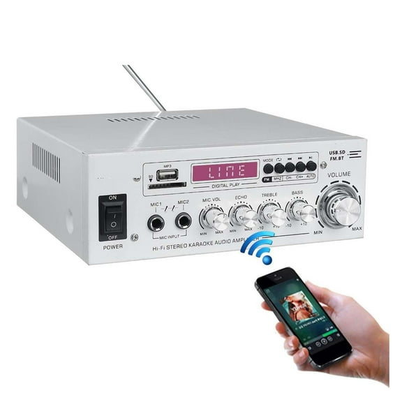 White 2000W Power Amplifier 2.0 Channel Home Theater Amplifiers DC 12V Support EQ FM SD USB 2 Mic 5.0 ,Seamless Performance