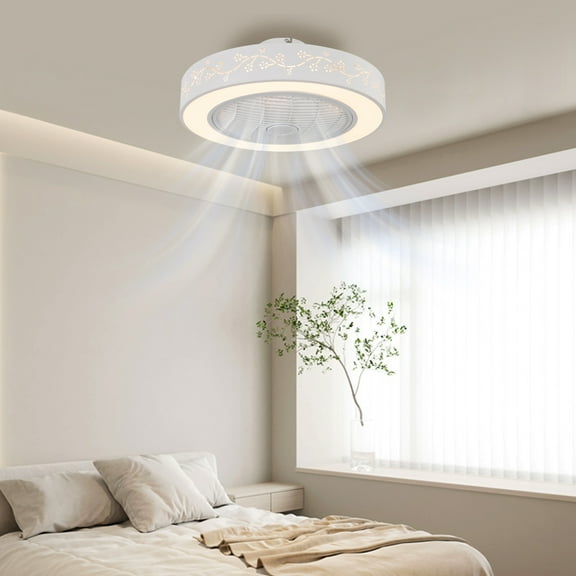 White 22" Dimmable Ceiling Fan with Light, 7 Blades Fan with Remote & Smart APP Control 3 Colors 6 Speeds Semi Flush Mount Round Invisible LED Fan Chandelier for Bedroom Dining Room