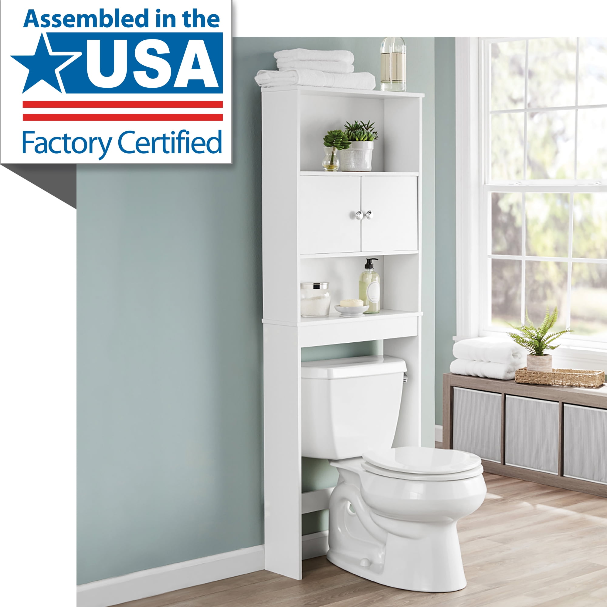 White 23 in. W Bathroom Space Saver Cabinet with 3 Fixed Shelves, Mainstays over the Toilet Storage