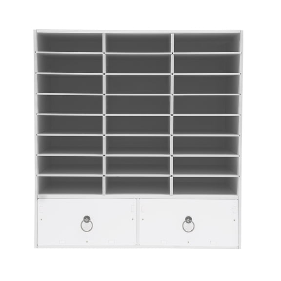 White 24 Compartments Office Mailbox with 2 Drawers, Wood Mail Organizer, Countertop Literature Sorter with Adjustable Shelves for Office, Home, School