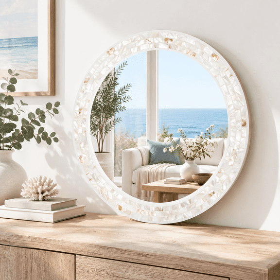 White 24"L x 24"W Round Shell Framed Wall Decor Bathroom Mirror