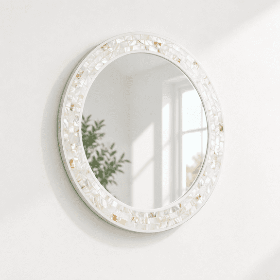 White 24"L x 24"W Round Shell Framed Wall Decor Bathroom Mirror