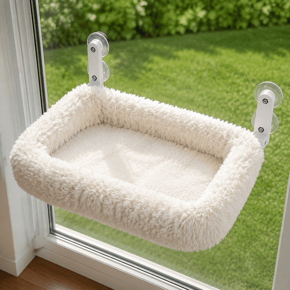 White 24''x18'' Foldable Cat Window Perch with Cushioned Bed