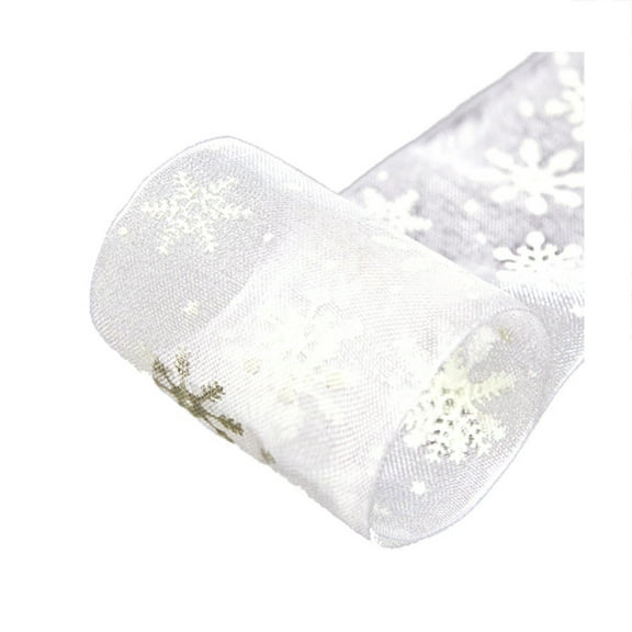 White 25 Yards White Christmas Snowflake Mesh Ribbon, Polyester Fabric Gift Wrapping Bow Tie For Holiday Party Decoration And Craft