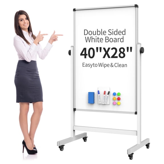 White 28"W x 40"H Mobile Double Sided Dry Erase Whiteboard with Stand