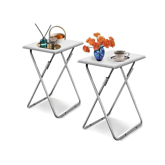 White 2PCS Folding TV Tray Table, Sturdy MDF Top With Silver-Tone Metal Frame, No Assembly Required