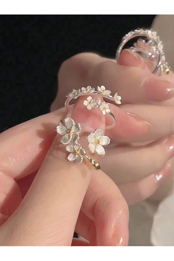 White 2pcs/Set French Romantic 3D Flower & Cherry Blossom Cluster Open Rings For Women
