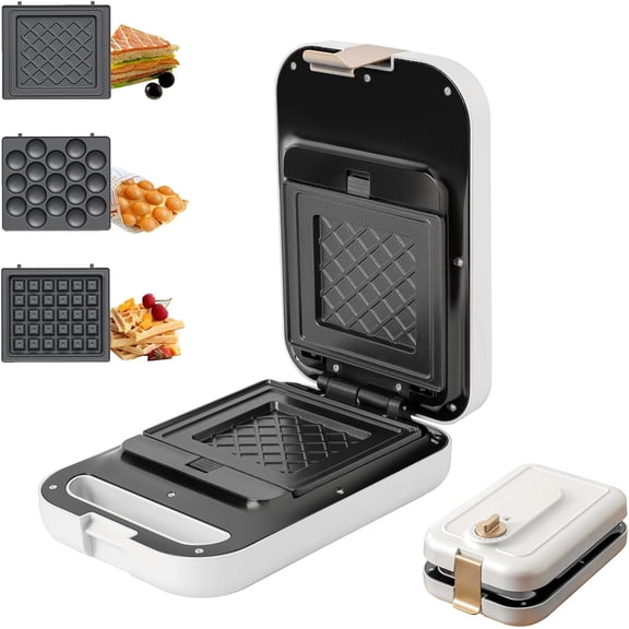 White 3 in 1 timing Sandwich Maker with Non-Stick Plates Indicator Lights and Lock Feature 600W Electric Panini Press, Pi a Pockets, Quesadillas, Waffle Breakfast Grilled Cheese Egg Bacon