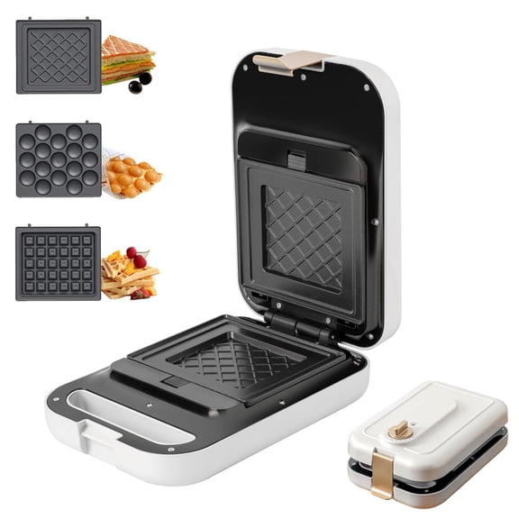 White 3 in 1 timing Sandwich Maker with Non-Stick Plates Indicator Lights and Lock Feature 600W Electric Panini Press, Pizza Pockets, Quesadillas, Waffle Breakfast Grilled Cheese Egg Bacon Y101