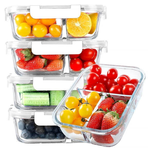 White 3 Compartment 36 Oz 5 Pack Glass Meal Prep Food Storage Jars & Containers
