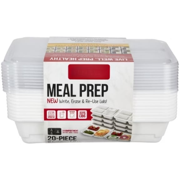 White 3-Compartment Rectangle Meal Prep Containers - 4 Cup, 20 Pieces with Lids (10 Count Sets)