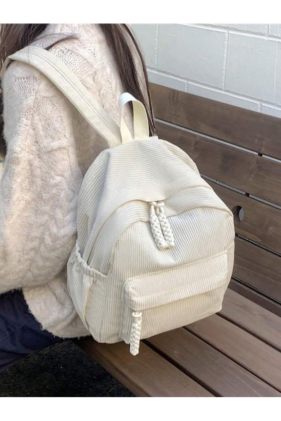 White-3 Corduroy Mini Backpack With Braided Drawstring Closure And Front
