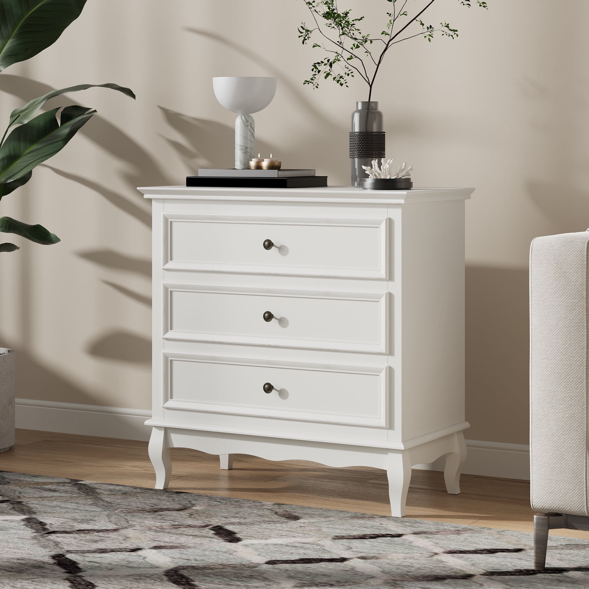 White 3 Drawer Dresser with Ball Bearing Slide, Sturdy Frame Modern Wood Dresser Wide Nightstand Cabinet for Bedroom, Living Room