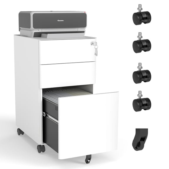 White 3-Drawer Lockable Mobile File Cabinet - All-Steel, Fully Assembled with Anti-Tip Design (110lbs/Drawer)