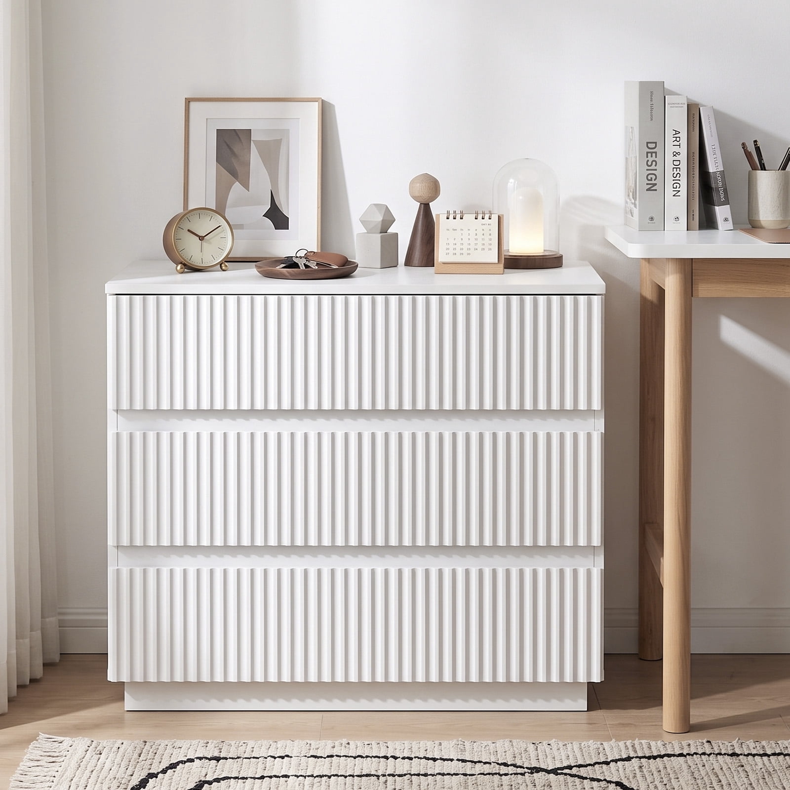 White 3-Drawer Nightstand, Handleless Grille Design, 23.62 x 12.99 x 22.05 in