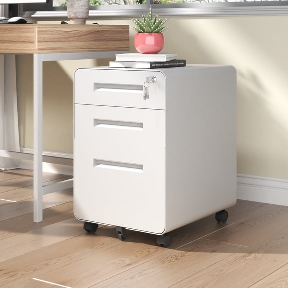 White 3-Drawer Wide Lockable All-Steel Mobile File Cabinet, Fully Pre-Assembled Rolling Office Filing Pedestal with Casters, 110 LBS Load Per Drawer, Anti-Tip Interlock, 13" Wide Drawers Fits A4 Lett