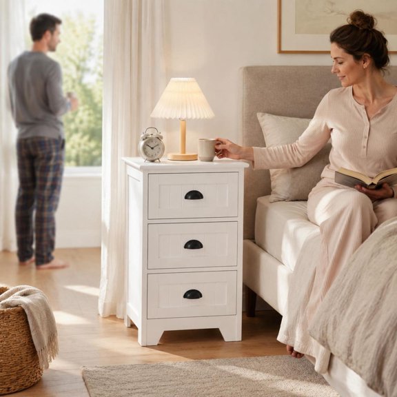 White 3-Drawer Wood Nightstand, End Table, Small File Cabinet with Smooth Slides and Anti-Toppling Device