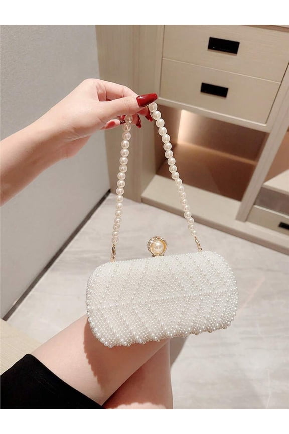 White-3 Faux Pearl Box Clutch With Pearl Chain Strap Evening Handbag