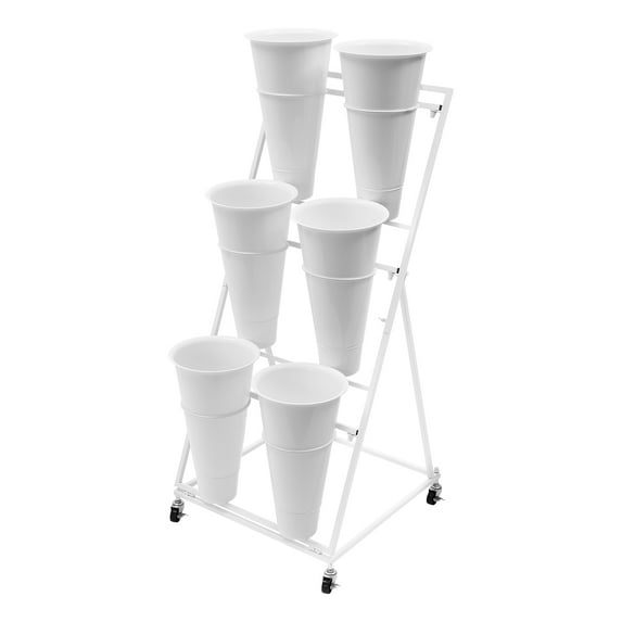 White 3 Layers Flower Display Stand with Wheels, Moving Plant Stand with 6PCS Buckets, White Flower Cart Shelf for Florist, Patio Garden
