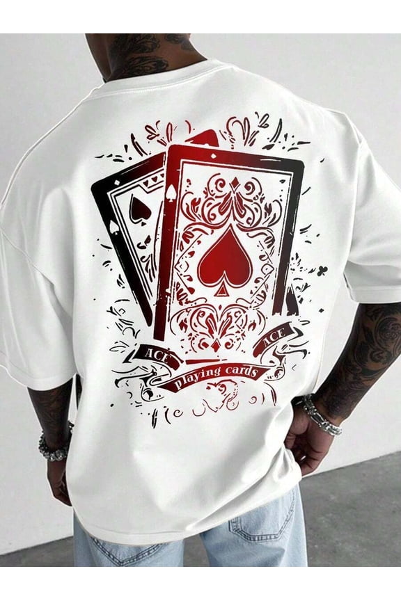 White 3 Oversized Graphic Short Sleeve T-Shirt With Red Ace Of Spades Playing Cards Print, Streetwear Loose Fit Tee For Men