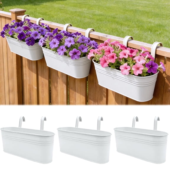 White 3-Pack 16 Inch Adjustable Hanging Metal Rail Planter Boxes for Balcony Deck Porch Fence