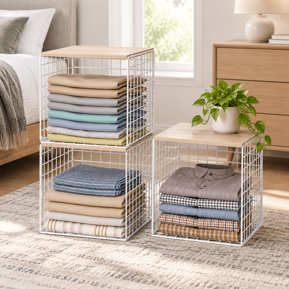 White 3 Pack Stackable Closet Organizers With Wood Top Metal Wire Storage Cubes