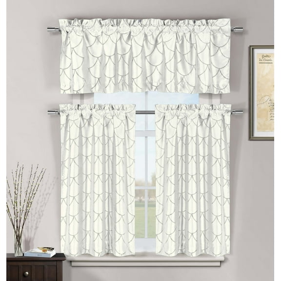 White 3 Pc Kitchen Window Curtain Set: Faux Silk, Metallic Raised Pin Dots Fish Scale Design