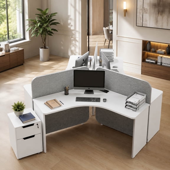White 3 Person Office Cubicle Desk Workstation with Cabinets & Power Outlets, Adjustable Wall Partitions