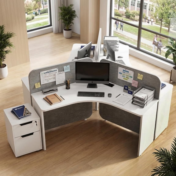 White 3 Person Office Cubicle Desk Workstation with Cabinets & Power Outlets, Adjustable Wall Partitions