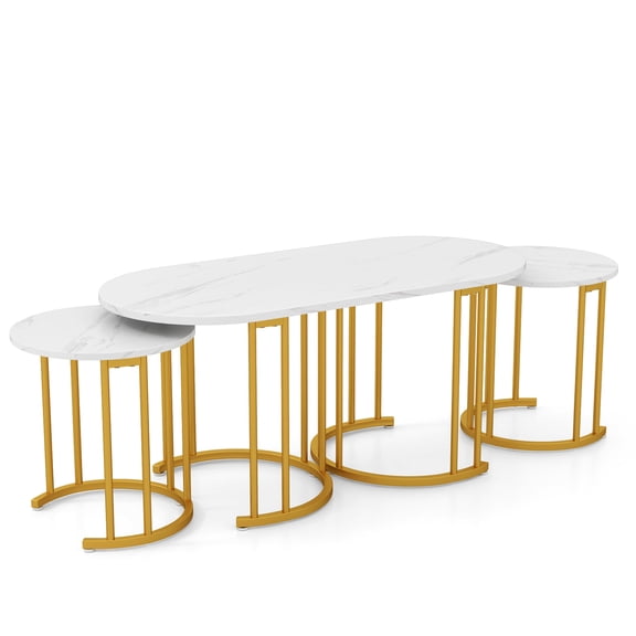 White 3-Piece Nesting Coffee Table Set with Faux Marble Tabletop, Powder-Coated Gold Metal Frame Stackable Accent Tables with Protective Foot Pads, Space Saving Flexible Layout Furniture for Living R