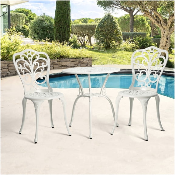 White 3-Piece Outdoor Bistro Set, Cast Aluminum Patio Table with 2 Chairs, Rust-Resistant Garden Balcony Cafe Set