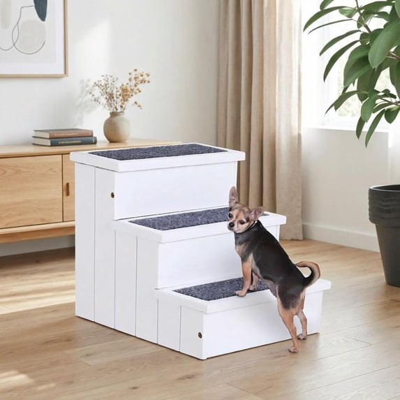 White 3 Step Wooden Pet Stairs Non Slip Carpet Ramp Storage Design for Cats Small Dogs