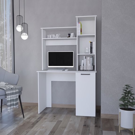 White 3-Tier Computer Desk with Hutch and Storage Cabinet