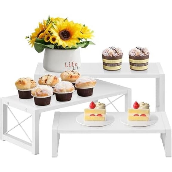 White 3-Tier Cupcake Stand & Wooden Display Riser, Dessert Stand for Cupcakes, Food, Perfume, Makeup, Dolls, Collectibles, Multi-Tiered Shelf Organizer for Market Vendors & Retail Display