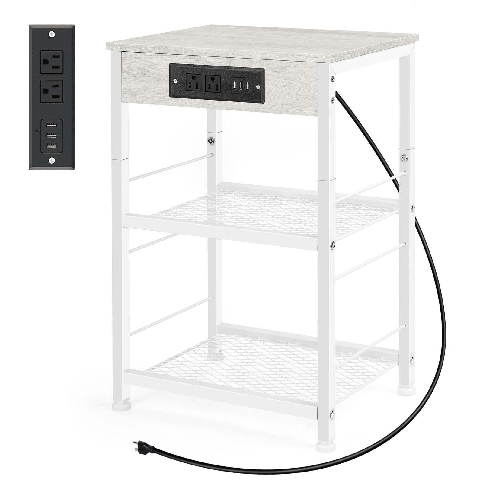 White 3-Tier End Table with Charging Station, Industrial Nightstand with USB Ports and Outlets for Living Room Bedroom